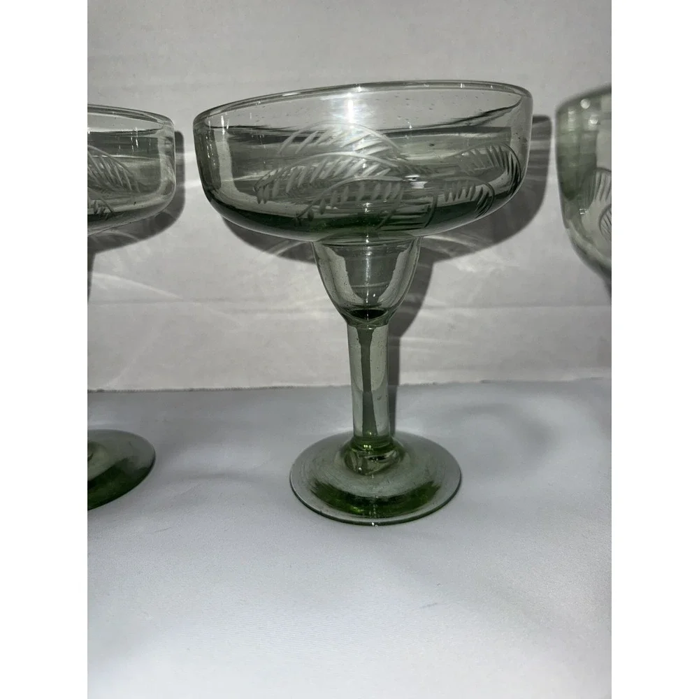Margarita Glasses‎ Handblown Set Of (4) Green Stem Green Bowl Etched